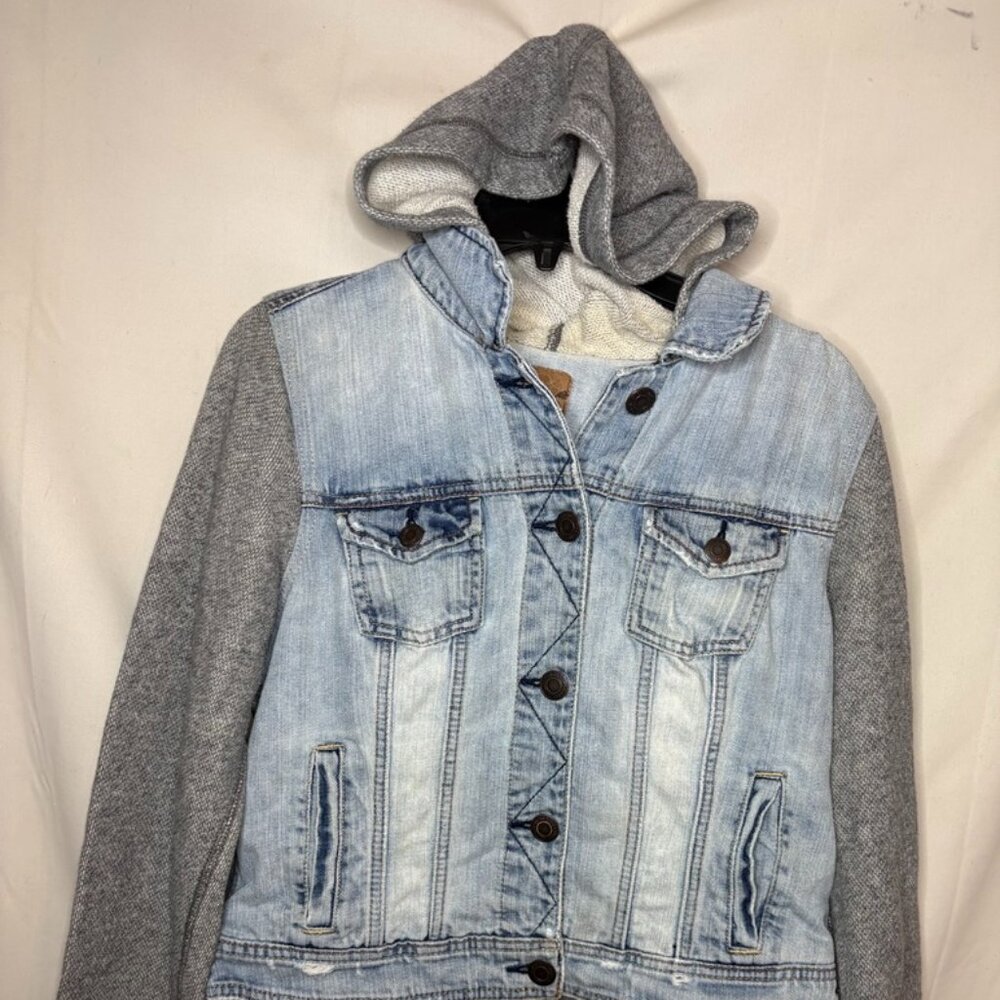 American Eagle Women L Large Blue Hybrid Long Sleeve Hooded Denim Jacket